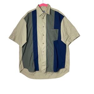 Monitaly Colorblock Panel Camp Shirt Tan Green Blue Mens Small